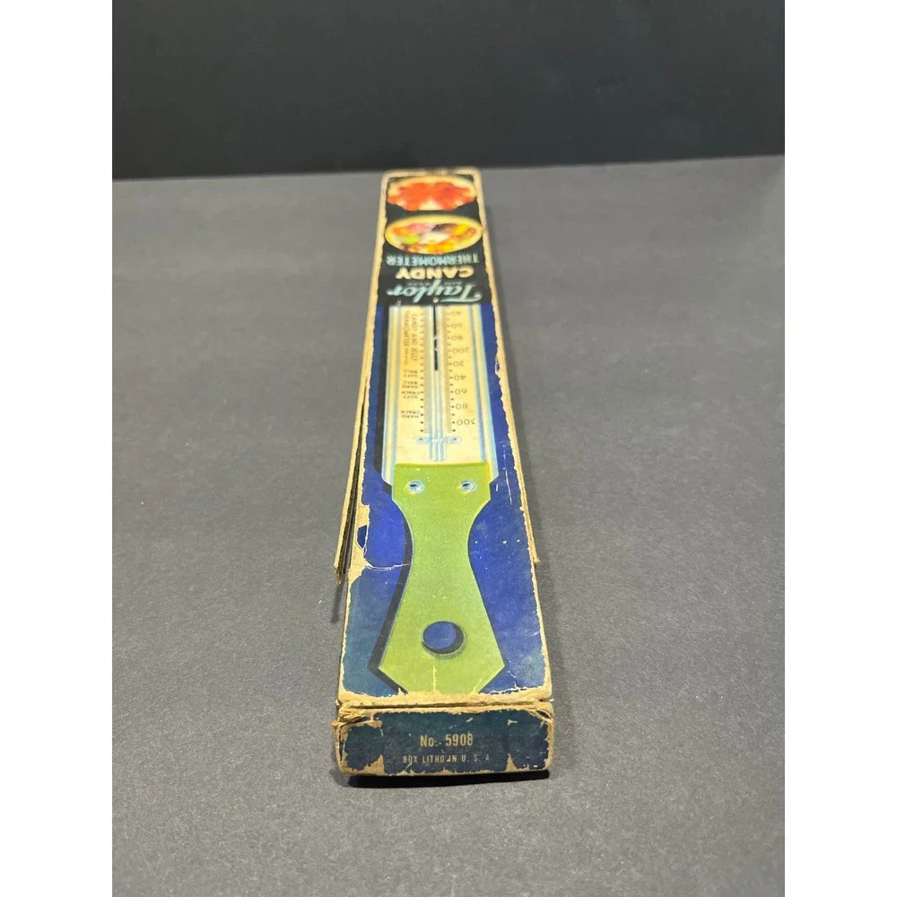 Vintage Taylor Candy and Jelly Thermometer No 5908 Stainless Steel USA Teal Box